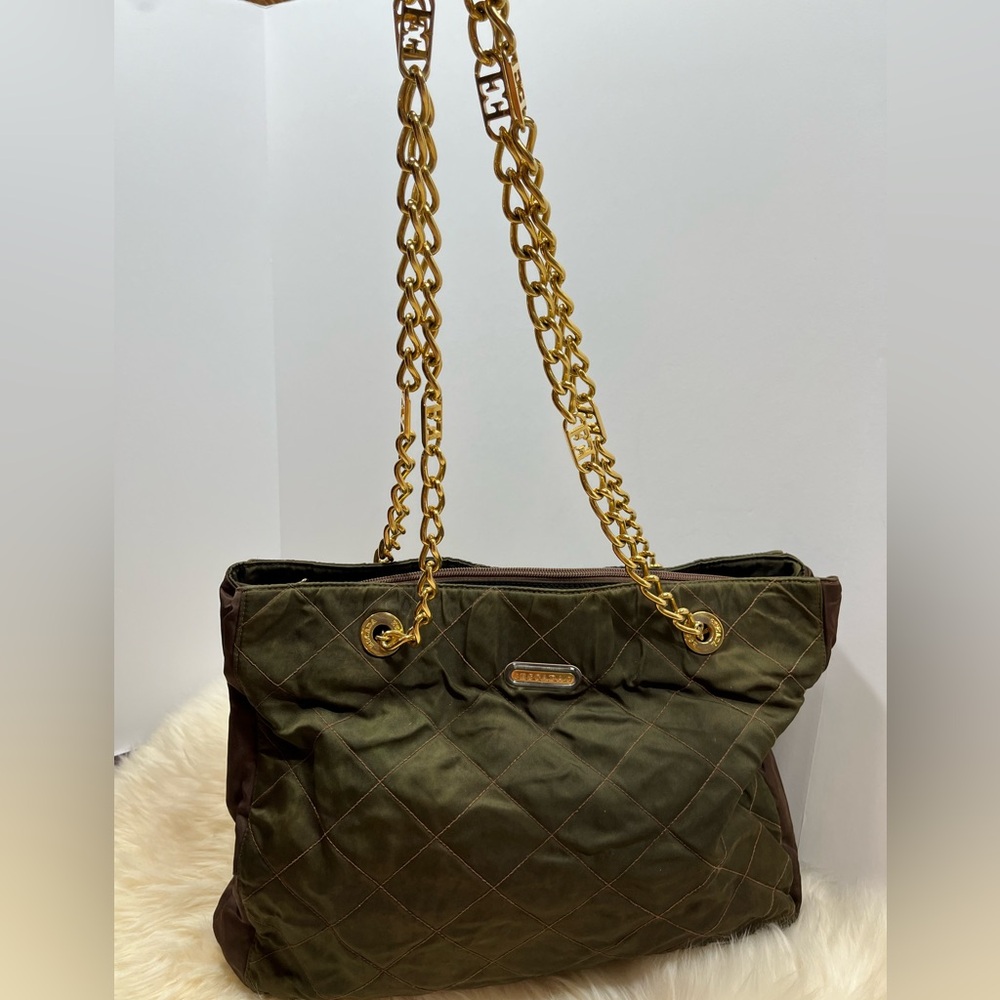 Escada Vintage Lux Quilted Nylon Tote/Shoulder Bag Olive Green and Brown - Picture 7 of 17
